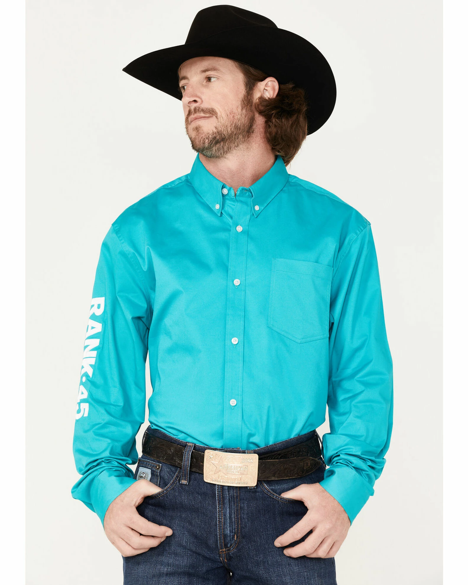 Rank 45 Men's Solid Long Sleeve Button-Down Snap Shirt Teal 3 Rank 45 Men's Solid Long Sleeve Button-Down Snap Shirt Teal