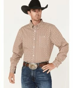 Rank 45 Men's Stirrup Geo Print Long Sleeve Western Button-Down Shirt Light Red