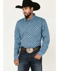 Rank 45 Men's Tie-Down Geo Print Button-Down Western Shirt Blue