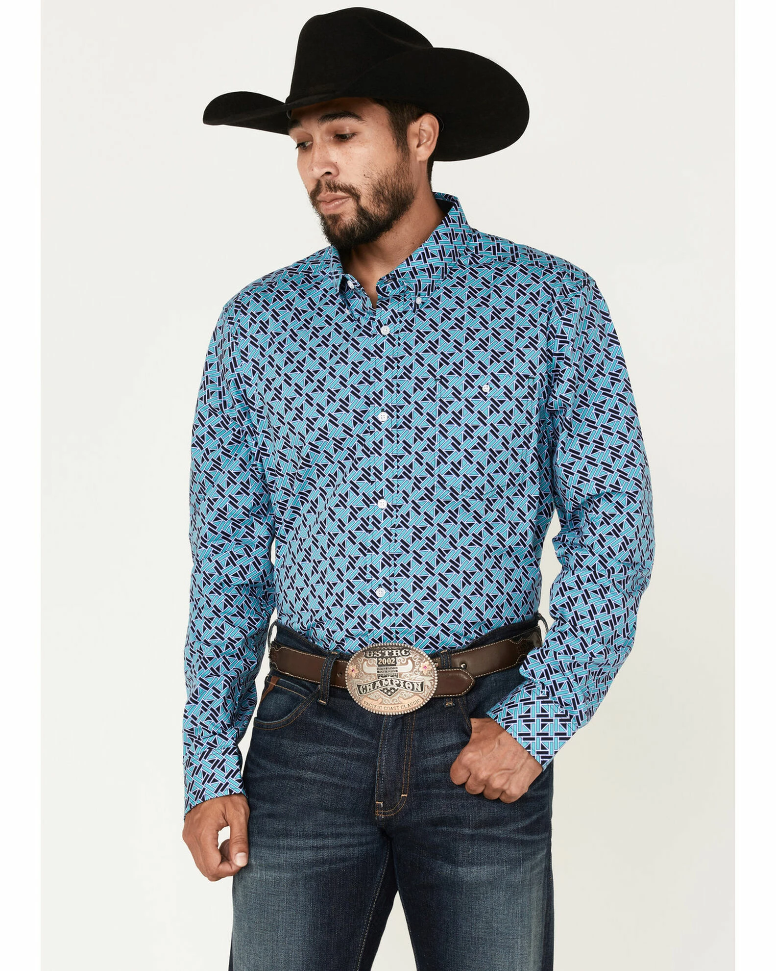 Rank 45 Men's Tie-Down Geo Print Button-Down Western Shirt Blue 3 Rank 45 Men's Tie-Down Geo Print Button-Down Western Shirt Blue