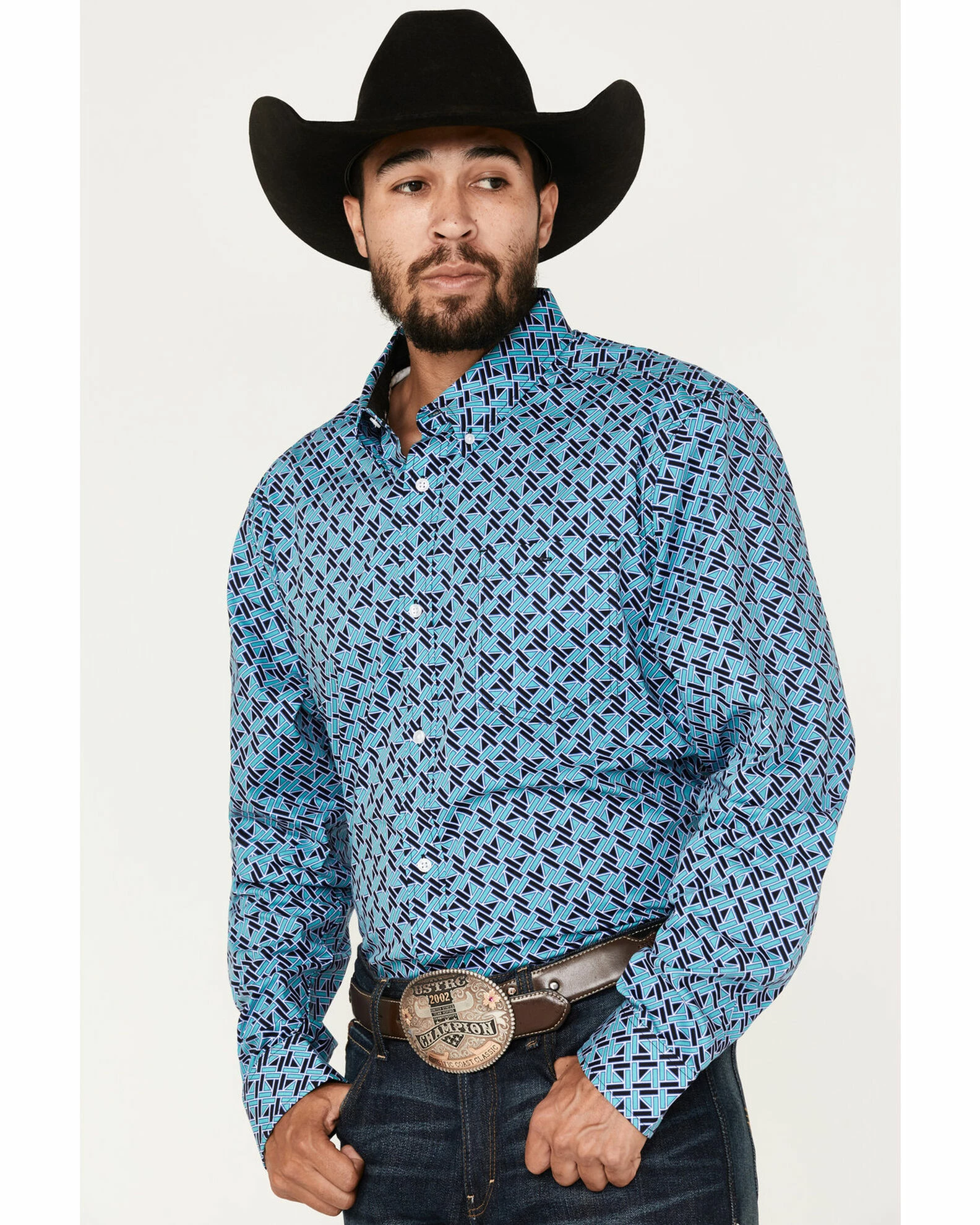 Rank 45 Men's Tie-Down Geo Print Button-Down Western Shirt Blue 4 Rank 45 Men's Tie-Down Geo Print Button-Down Western Shirt Blue - Image 2