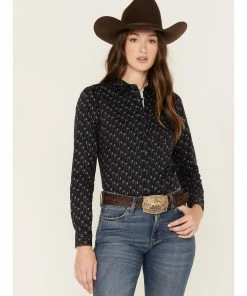 Rank 45 Women's Print Long Sleeve Stretch Snap Riding Shirt Ivory