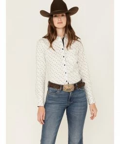 Rank 45 Women's Print Long Sleeve Stretch Snap Riding Shirt Ivory -Rank 45 shop 2000374951 103 P1
