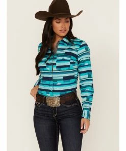 Rank 45 Women's Geo Stripe Print Long Sleeve Stretch Western Riding Shirt Ivory