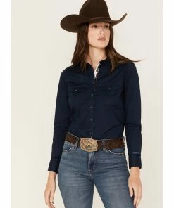 Rank 45 Women's Solid Long Sleeve Western Snap Shirt Navy