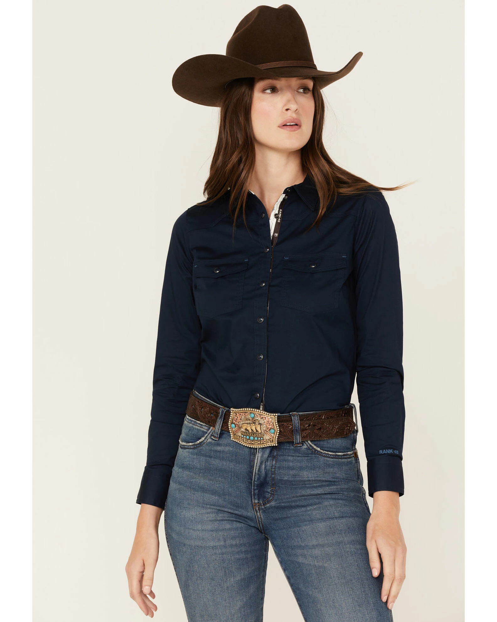 Rank 45 Women's Solid Long Sleeve Western Snap Shirt Navy 3 Rank 45 Women's Solid Long Sleeve Western Snap Shirt Navy