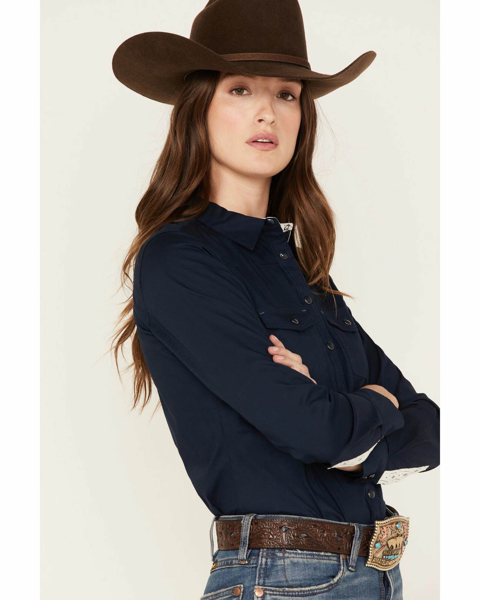 Rank 45 Women's Solid Long Sleeve Western Snap Shirt Navy 4 Rank 45 Women's Solid Long Sleeve Western Snap Shirt Navy - Image 2
