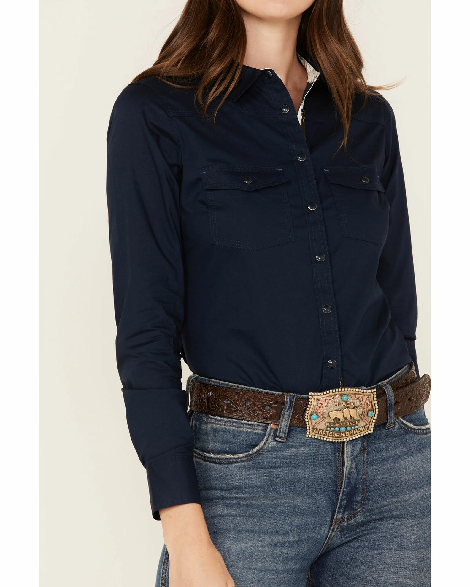 Rank 45 Women's Solid Long Sleeve Western Snap Shirt Navy 5 Rank 45 Women's Solid Long Sleeve Western Snap Shirt Navy - Image 3