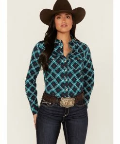 Rank 45 Women's Plaid Print Long Sleeve Stretch Riding Shirt Navy -Rank 45 shop 2000374954 410 P1 1