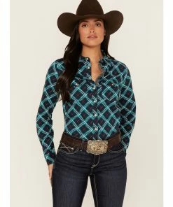 Rank 45 Women's Plaid Print Long Sleeve Stretch Riding Shirt Navy