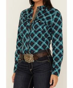 Rank 45 Women's Plaid Print Long Sleeve Stretch Riding Shirt Navy -Rank 45 shop 2000374954 410 P3