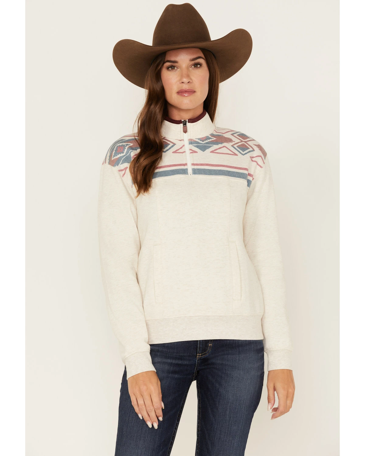 Rank 45 Women's 1/4 Zip Southwestern Print Contrast Pullover Sweatshirt Oatmeal 7 Rank 45 Women's 1/4 Zip Southwestern Print Contrast Pullover Sweatshirt Oatmeal - Image 5
