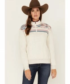 Rank 45 Women's 1/4 Zip Southwestern Print Contrast Pullover Sweatshirt Oatmeal