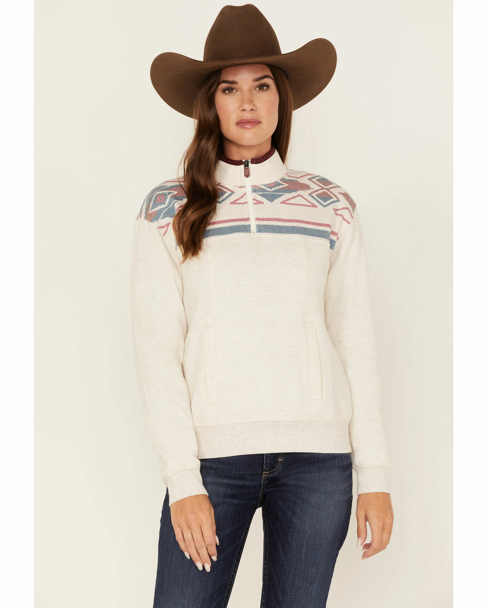 Rank 45 Women's 1/4 Zip Southwestern Print Contrast Pullover Sweatshirt Oatmeal 3 Rank 45 Women's 1/4 Zip Southwestern Print Contrast Pullover Sweatshirt Oatmeal