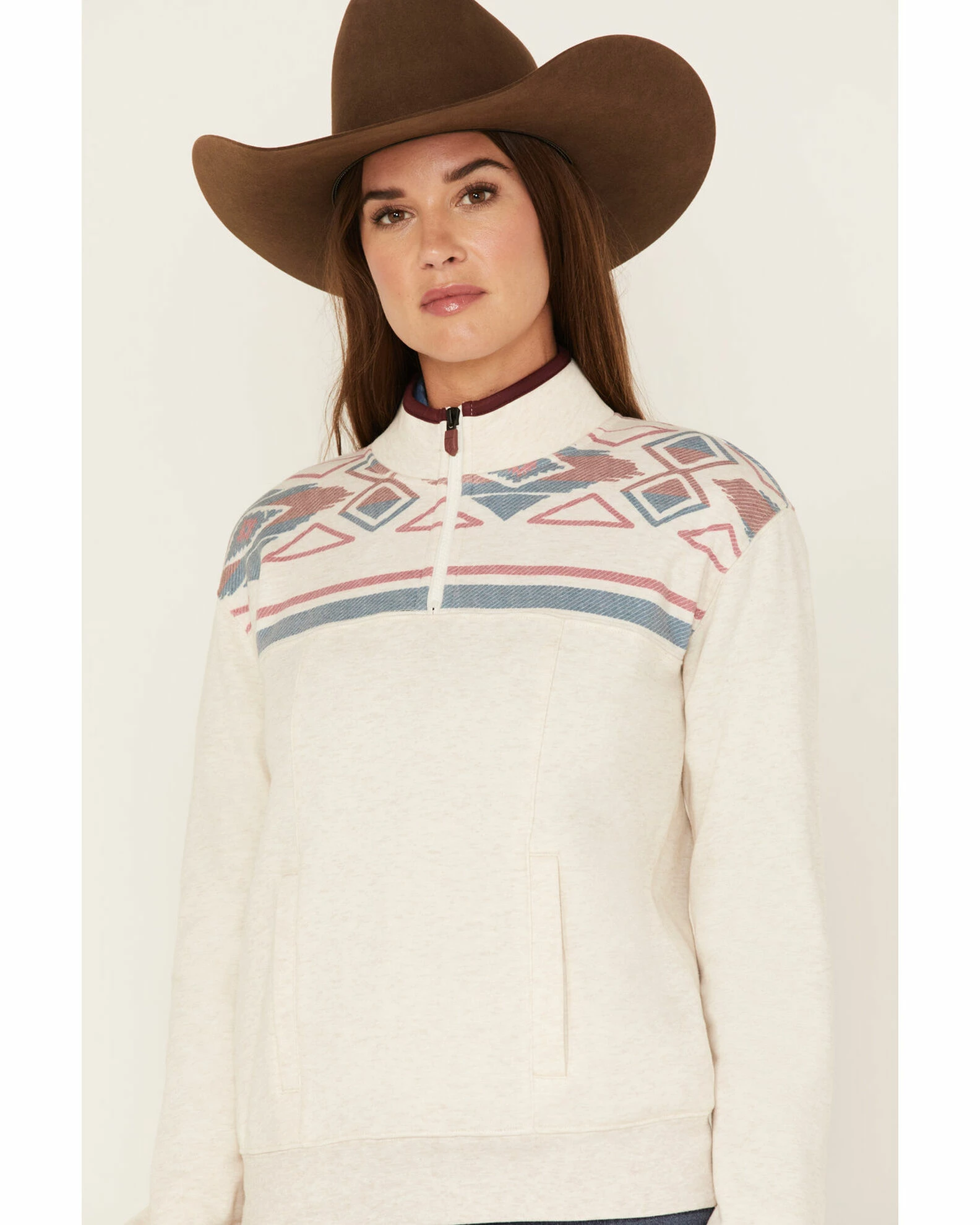 Rank 45 Women's 1/4 Zip Southwestern Print Contrast Pullover Sweatshirt Oatmeal 4 Rank 45 Women's 1/4 Zip Southwestern Print Contrast Pullover Sweatshirt Oatmeal - Image 2