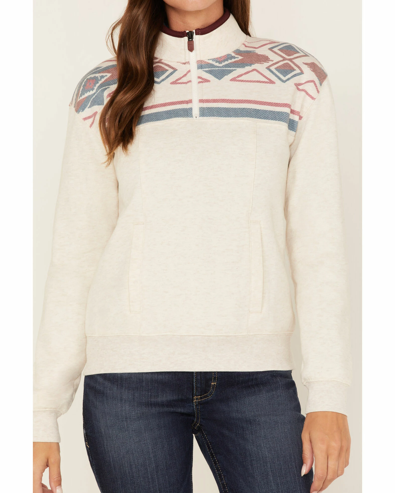 Rank 45 Women's 1/4 Zip Southwestern Print Contrast Pullover Sweatshirt Oatmeal 5 Rank 45 Women's 1/4 Zip Southwestern Print Contrast Pullover Sweatshirt Oatmeal - Image 3