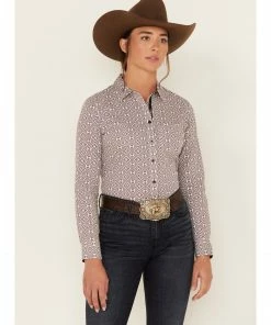 Rank 45 Women's Geo Print Long Sleeve Button-Down Stretch Riding Shirt Ivory -Rank 45 shop 2000380745 103 P1 1