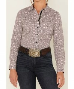 Rank 45 Women's Geo Print Long Sleeve Button-Down Stretch Riding Shirt Ivory -Rank 45 shop 2000380745 103 P3